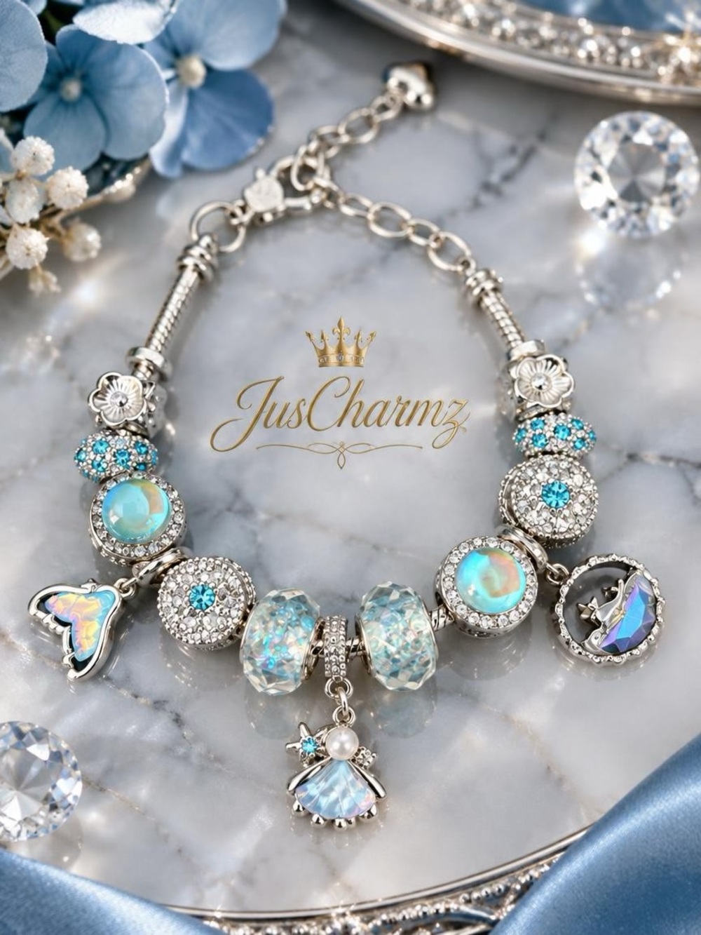 Silver Blue Opal Charm Bracelet
